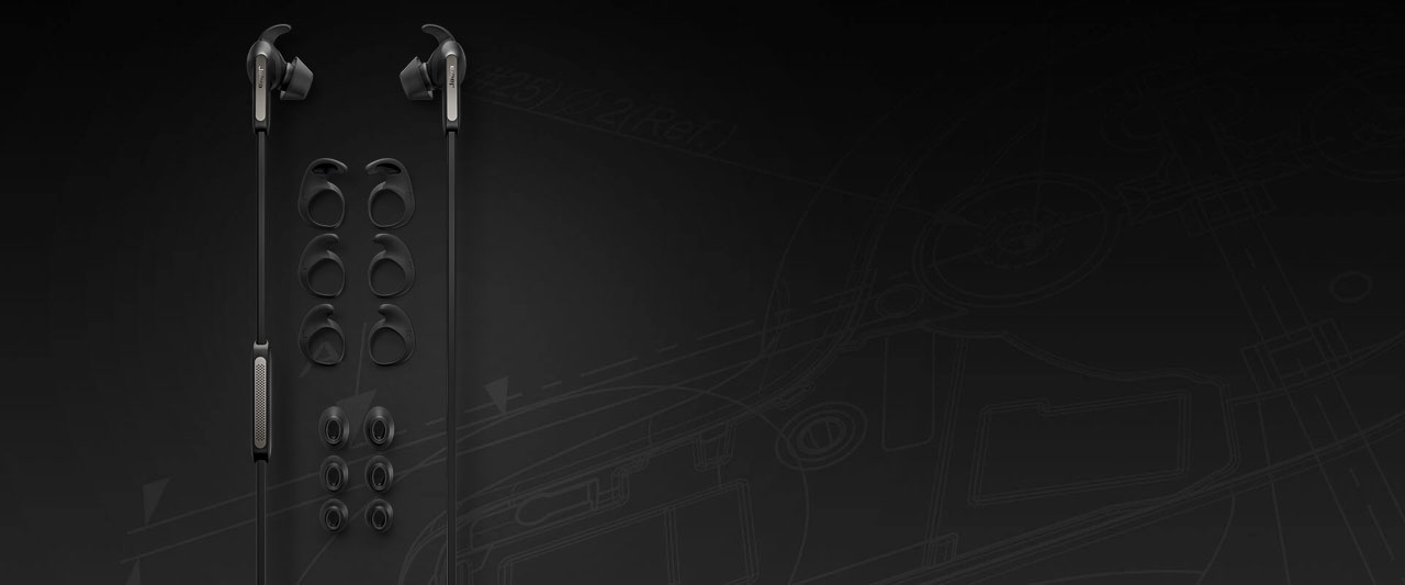 The Jabra Elite 65e on display, with three pairs of earhooks, and three pairs of eartips